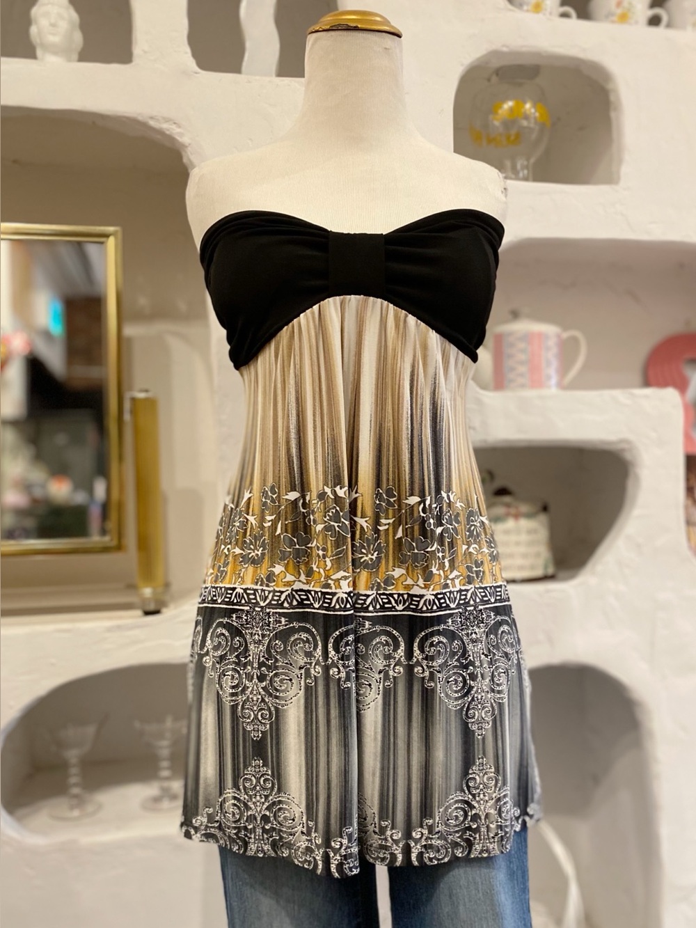 Y2K Stretchy Long Strapless Black and Brown Striped Print Babydoll Tube Top